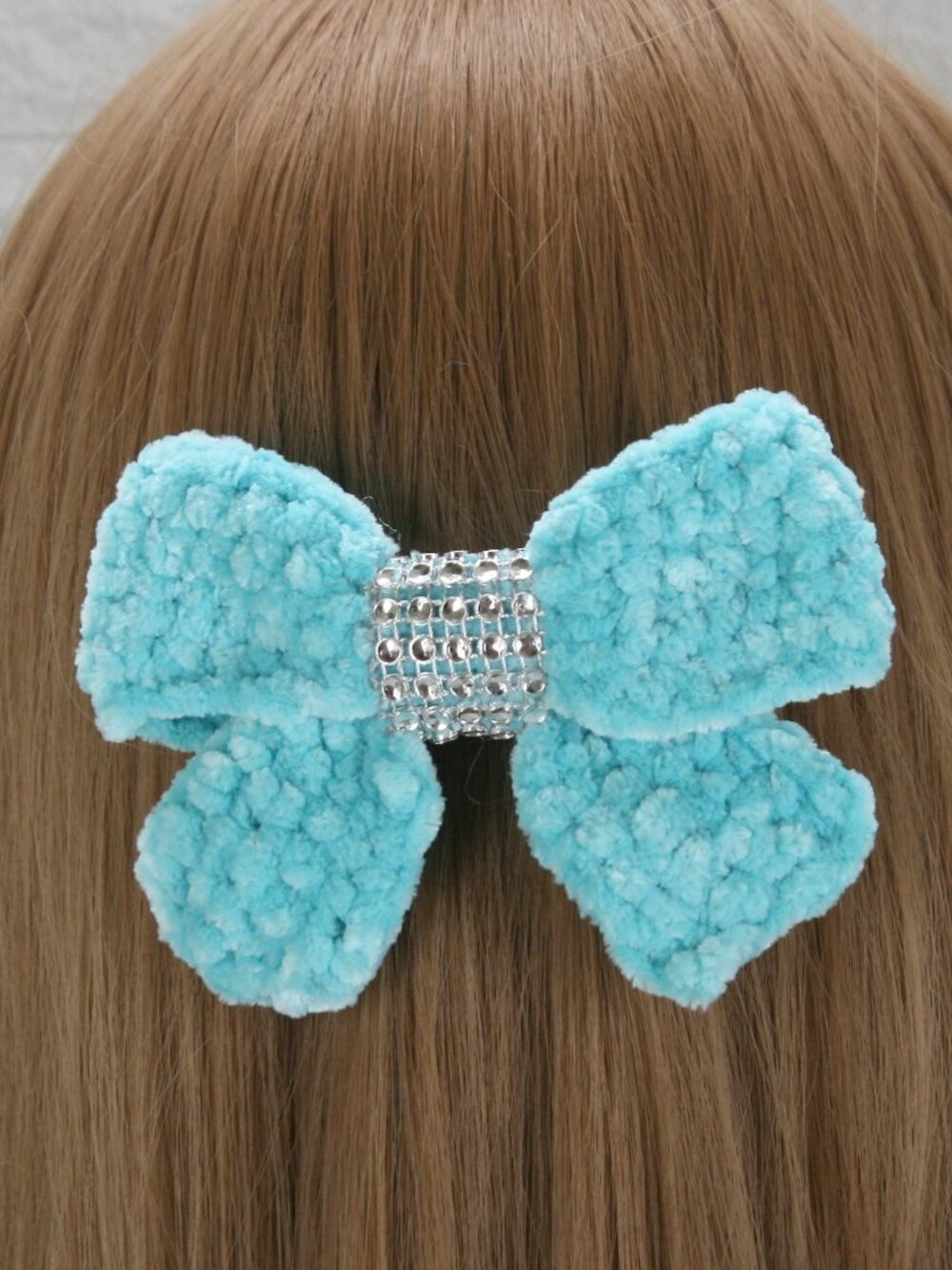 HAND CRAFTED Hair Bow Kids Crochet Chenille Velvet Hair Barrette Oversized Aqua